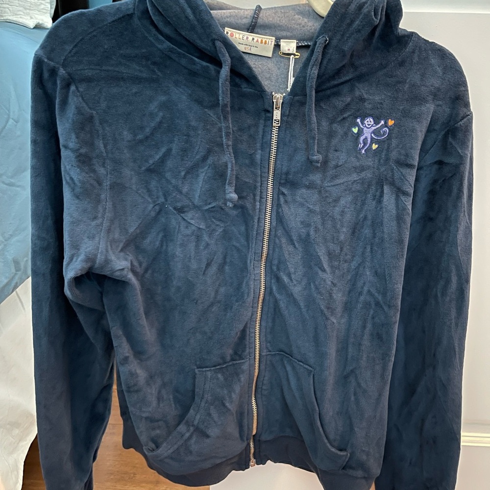 NWT Roller Rabbit Navy Blue Velour Zip-Up Hoodie